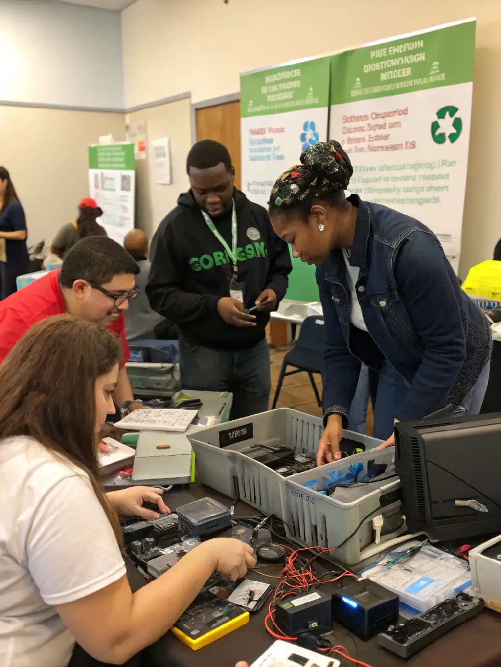 A photo of a community cleanup event where volunteers are collecting and sorting electronic waste, highlighting the social aspect of recycling.