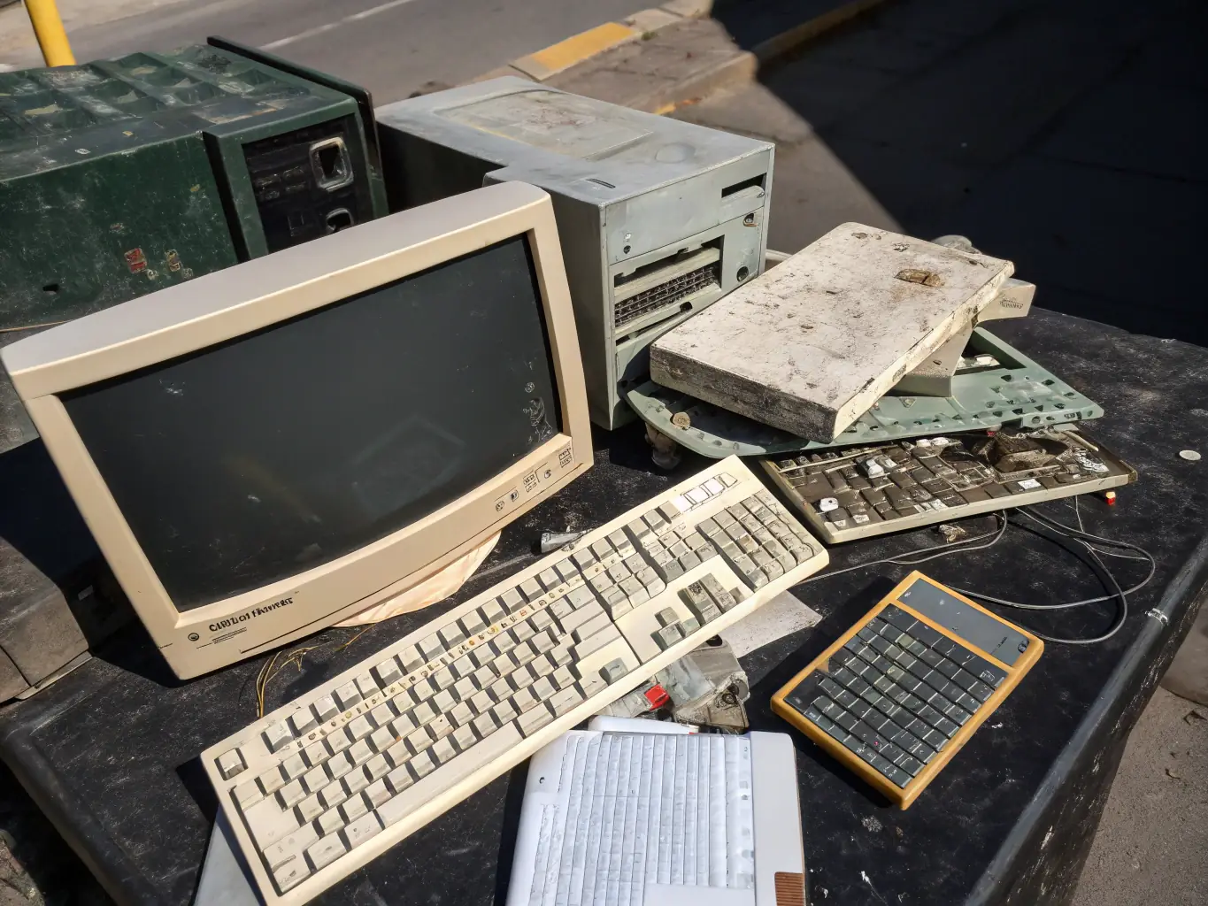 An image showing a pile of old computers, laptops, and monitors being collected for recycling at RecycleXtreme's facility.