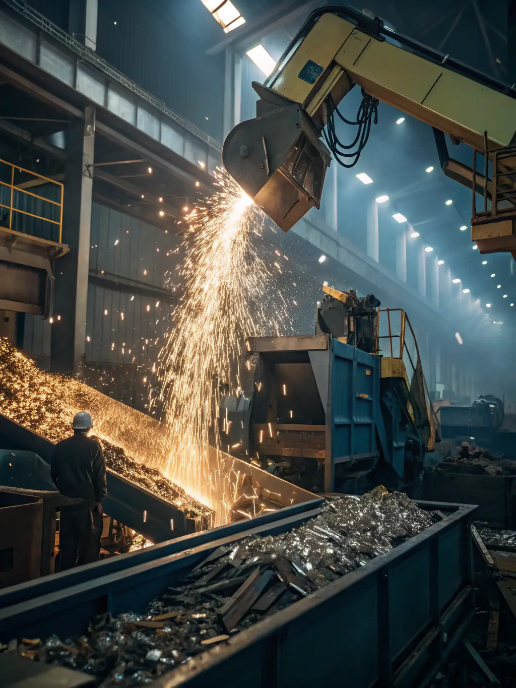 A picture of a modern recycling facility with advanced technology sorting and processing electronic waste, emphasizing the efficiency and innovation in recycling.